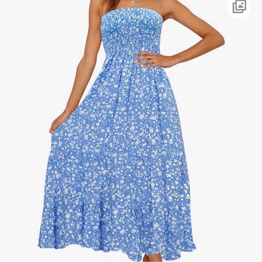 Strapless Blue and White Floral Maxi Sundress - Picture 1 of 7
